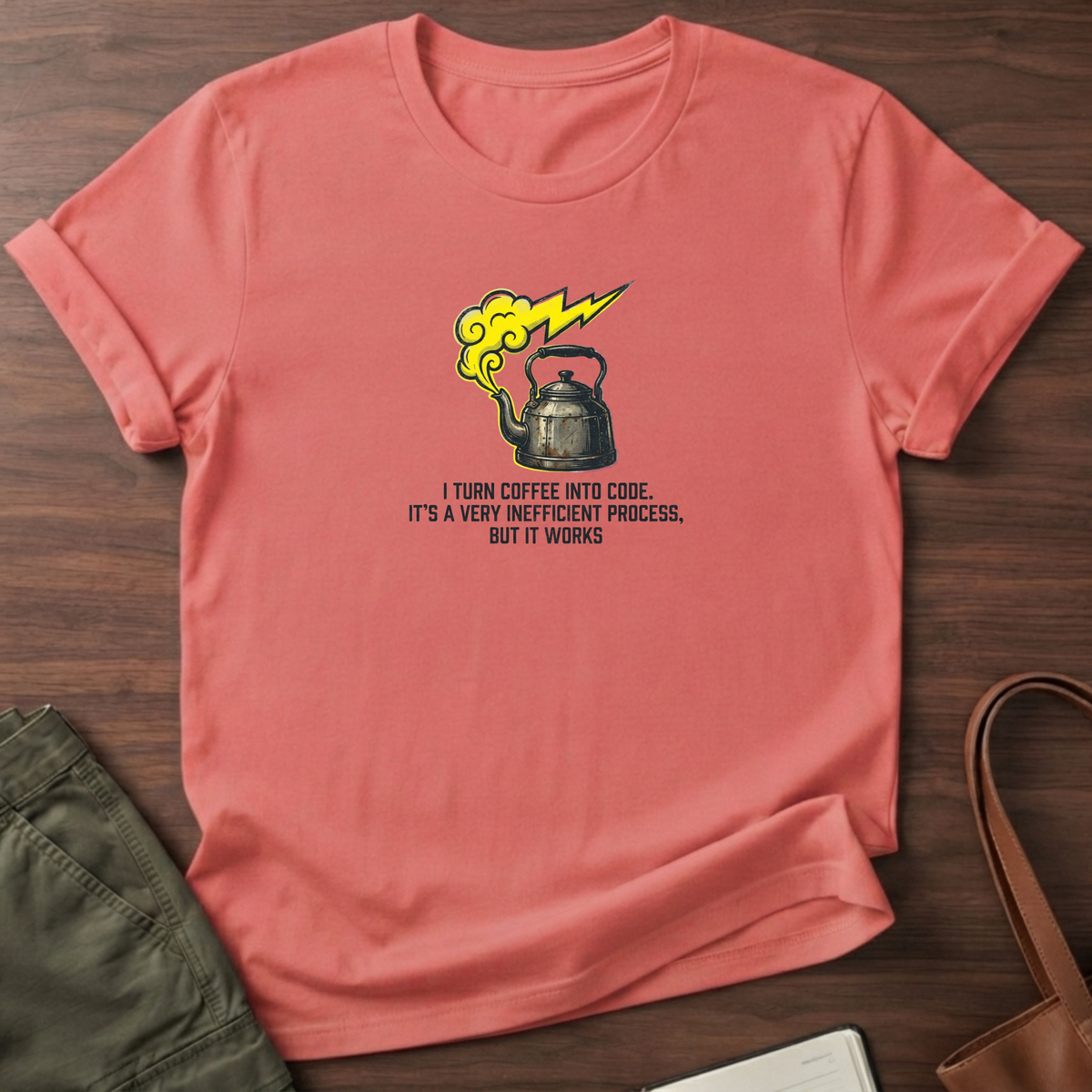 I Turn Coffee Into Code T-Shirt - Coral Silk