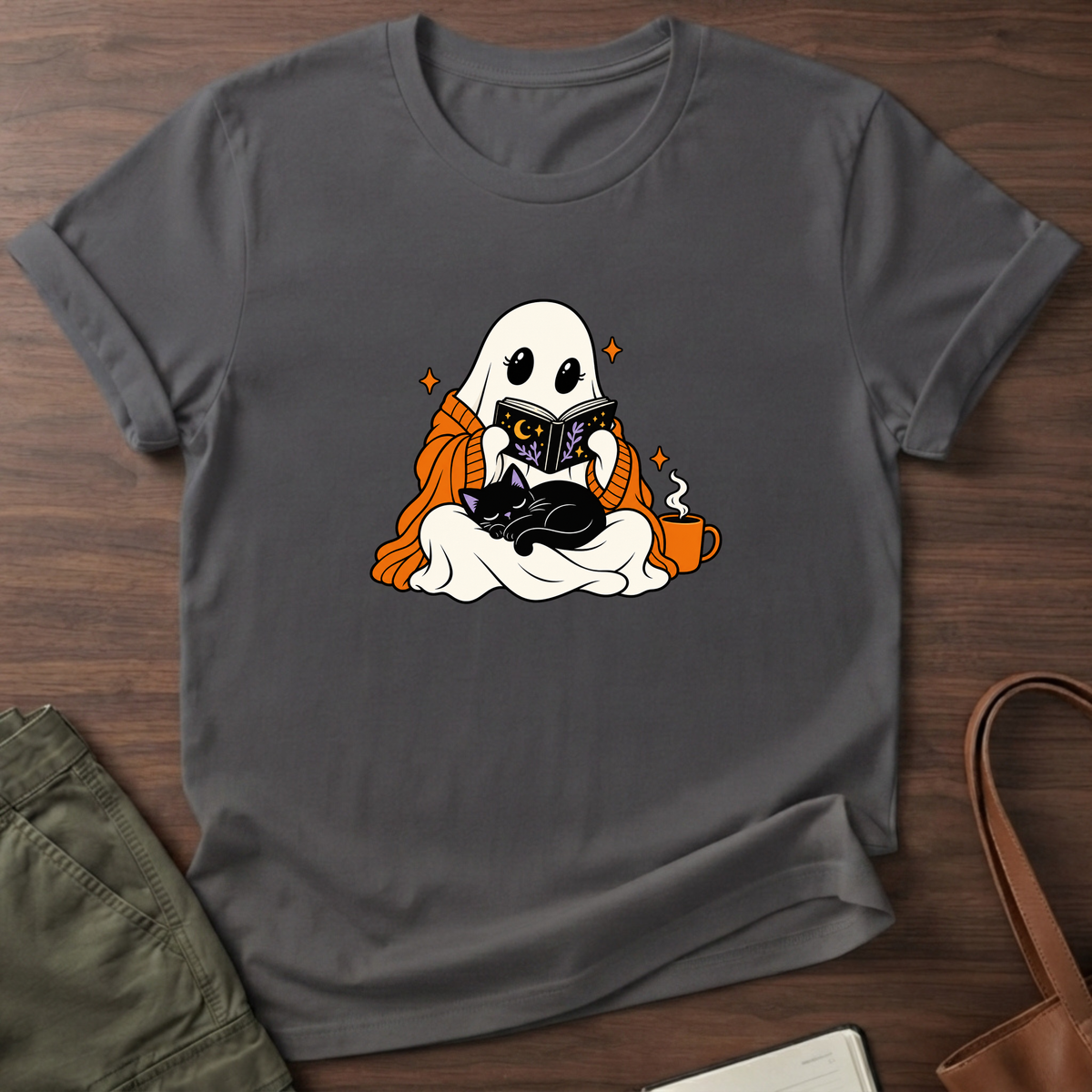 Cozy Ghost Reader T-Shirt in Charcoal