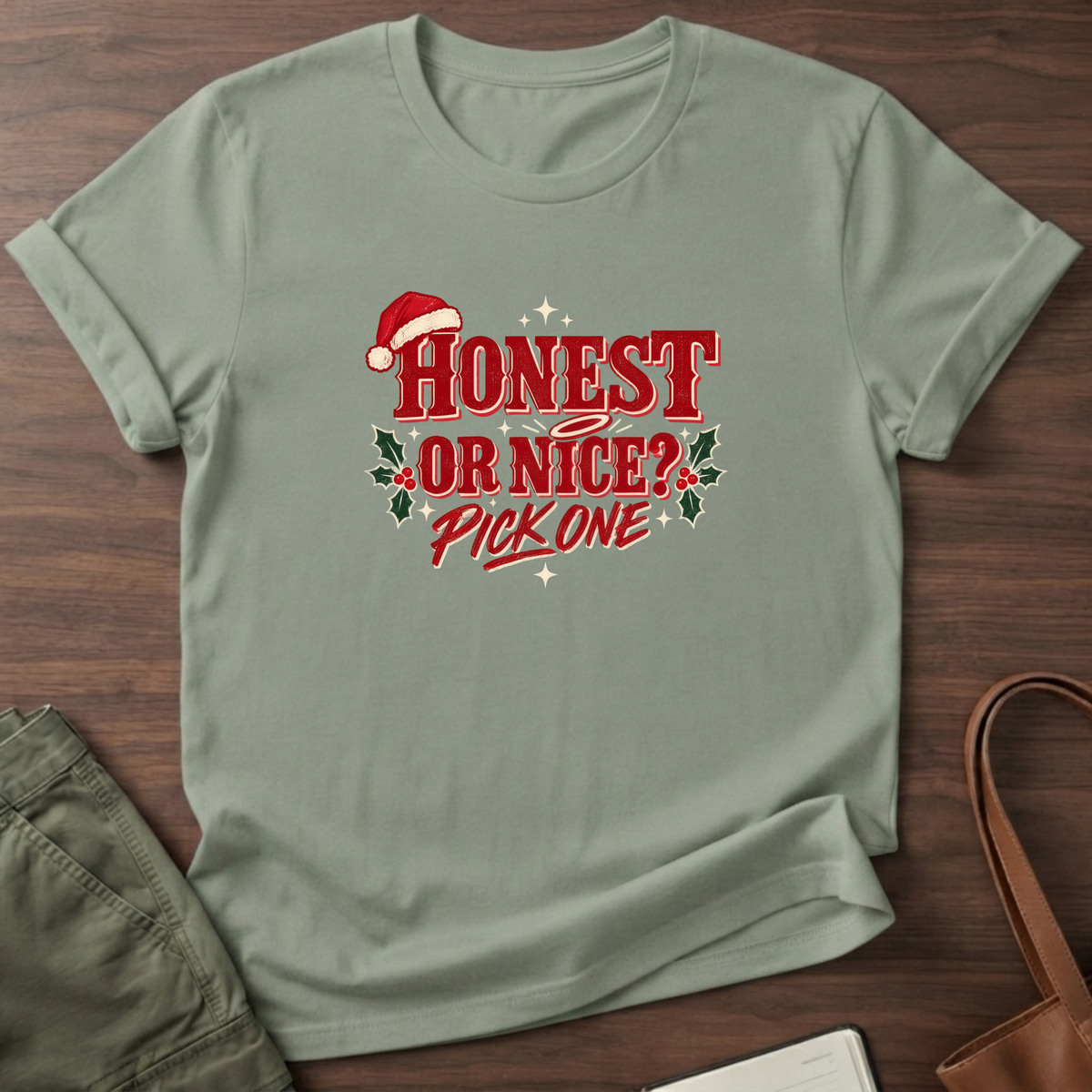 Honest or Nice Santa T-Shirt in Sage